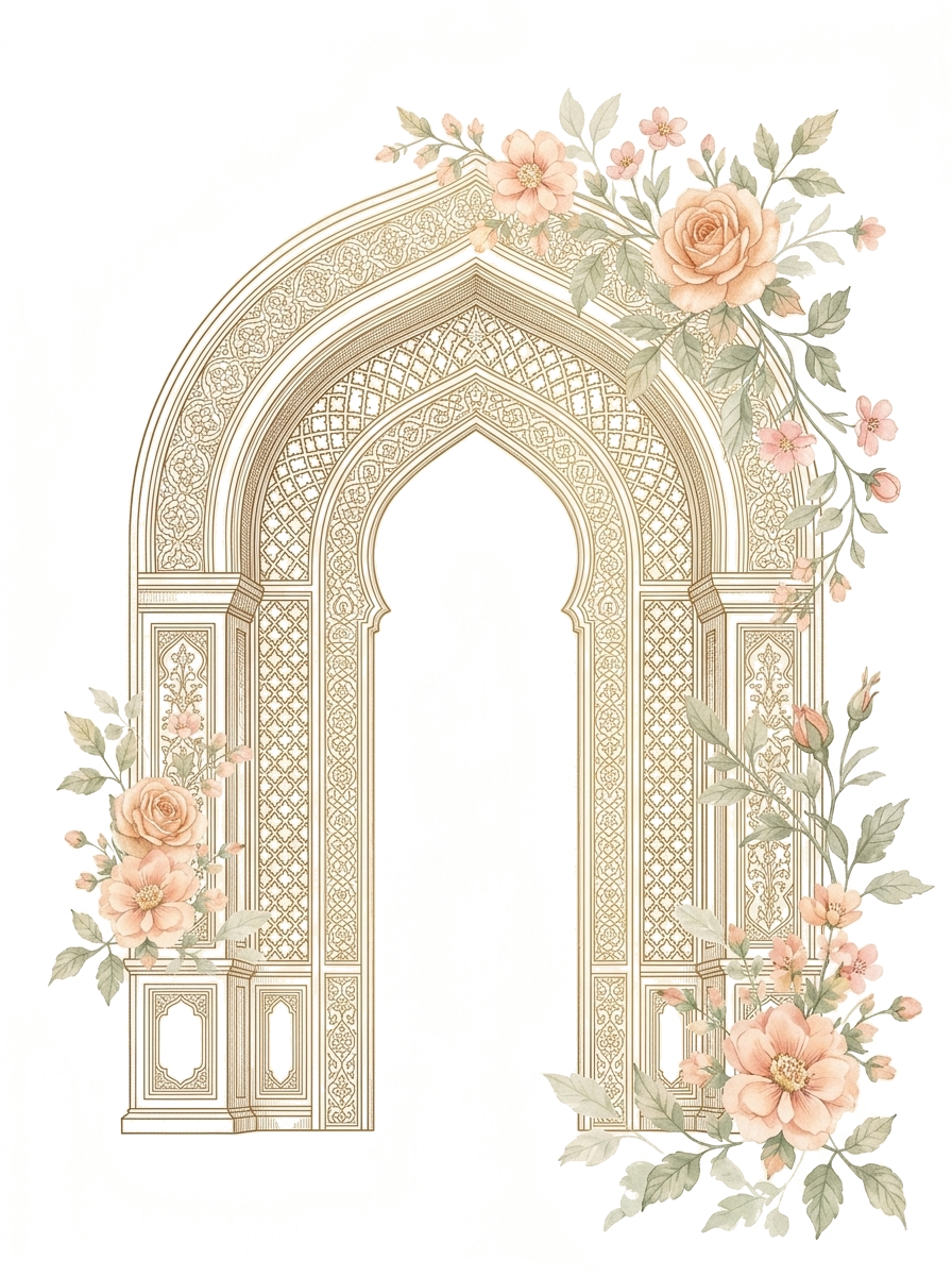 Classical Mughal archway with peach floral vines