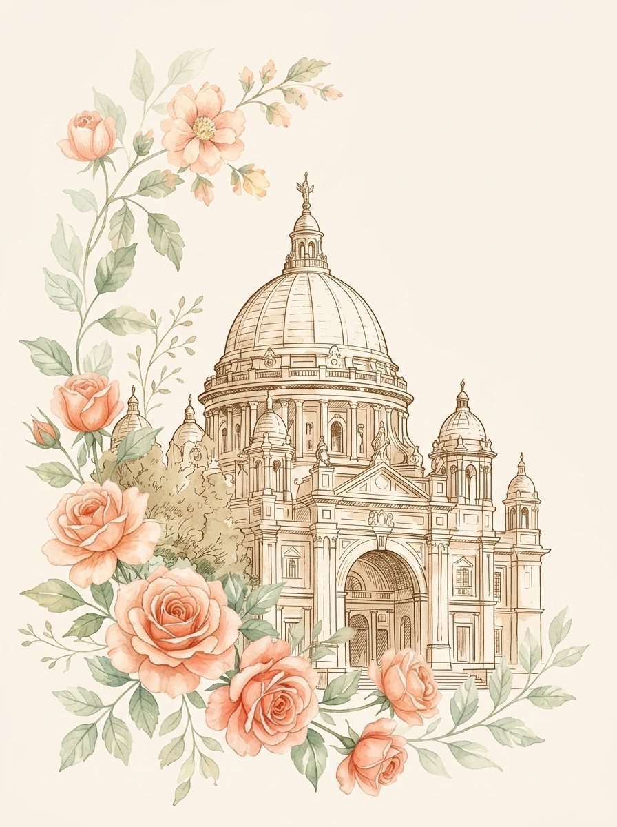 Victoria Memorial Kolkata with peach watercolor roses
