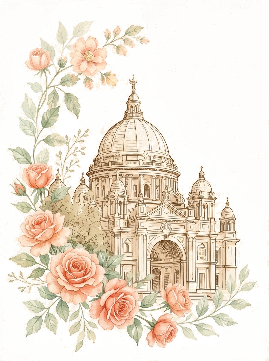 Victoria Memorial Kolkata with peach watercolor roses