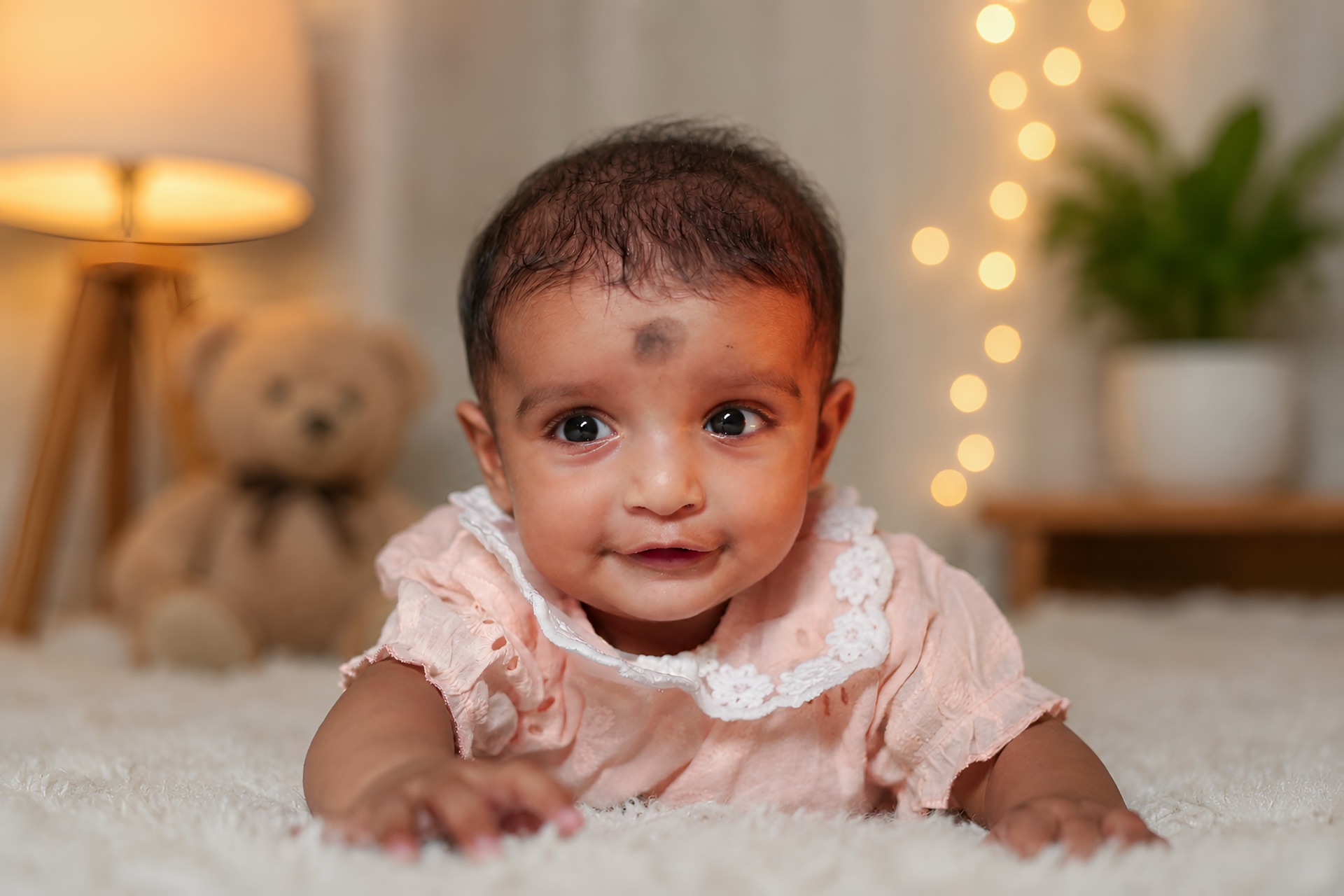 Baby's first rice ceremony Annaprashan milestone celebration with bokeh lights