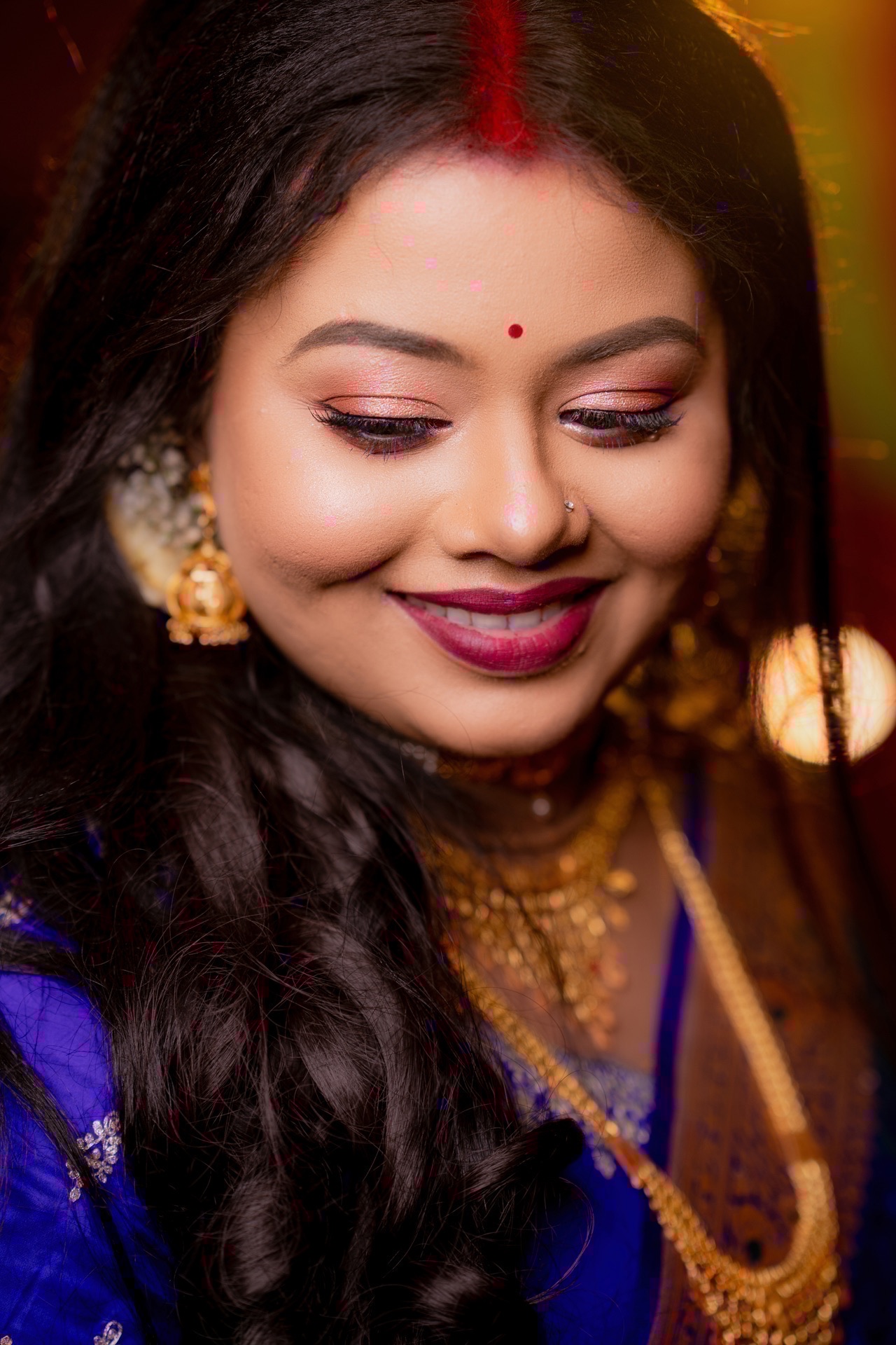 Debopriya reception portrait in royal blue banarasi & sindoor