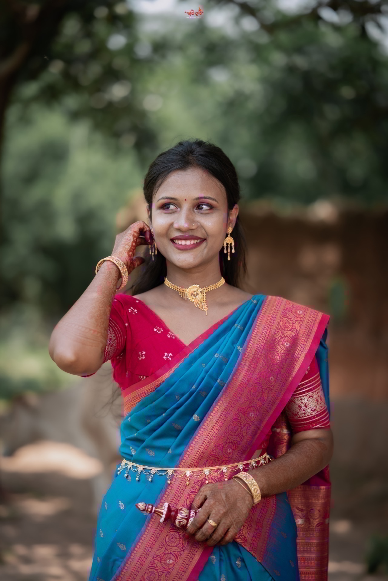 Turquoise & magenta traditional silk saree portrait